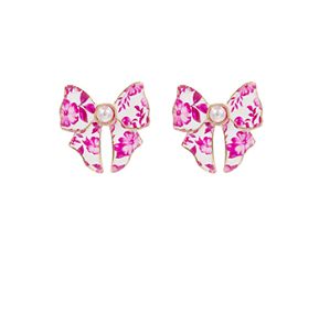 Flower Pattern Bow & Pearl Earrings