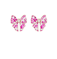Flower Pattern Bow & Pearl Earrings