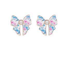 Flower Pattern Bow & Pearl Earrings