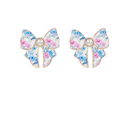Flower Pattern Bow & Pearl Earrings