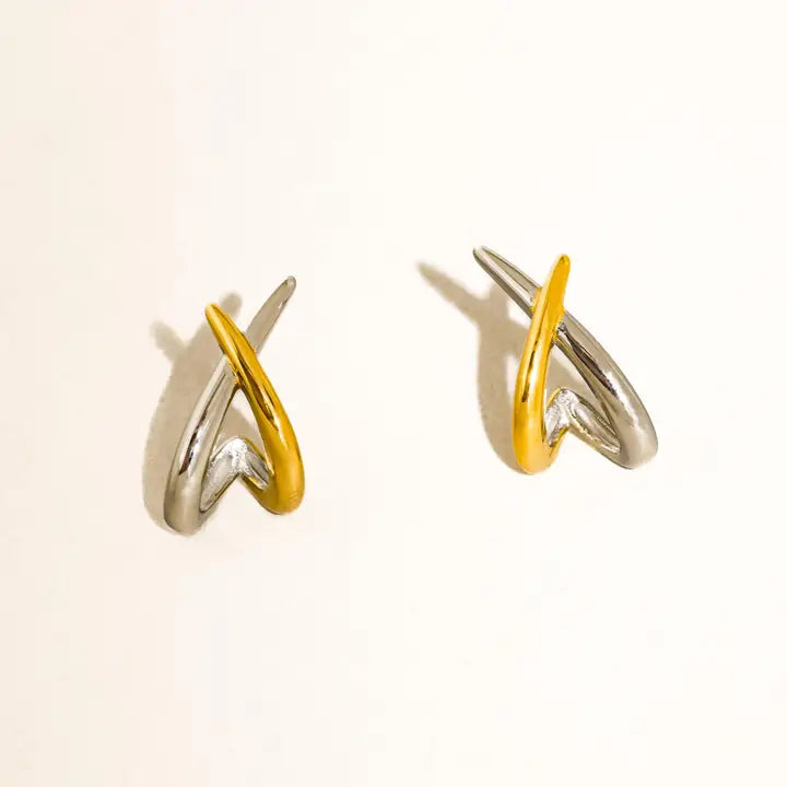 Staven 18K Gold Non-Tarnish Two Tone Crossover Earrings