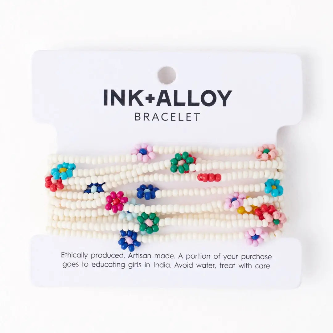 Sage Multi-Color Flower Beaded 10 Strand Stretch Bracelets Ivory