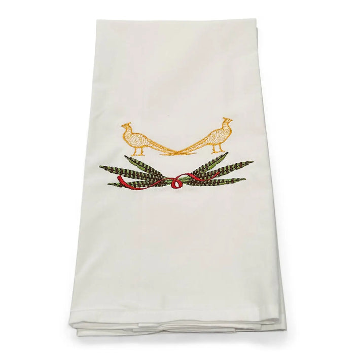 Tea Towel - Pair of Pheasants with Ribbon On White