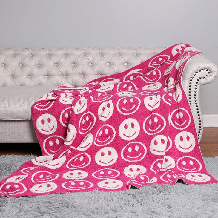 Happy Face Patterned Throw Blanket - Fuchsia
