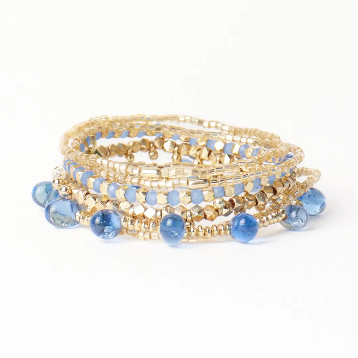 Ella Stack of 5 Stretch Bracelets Blue + Gold