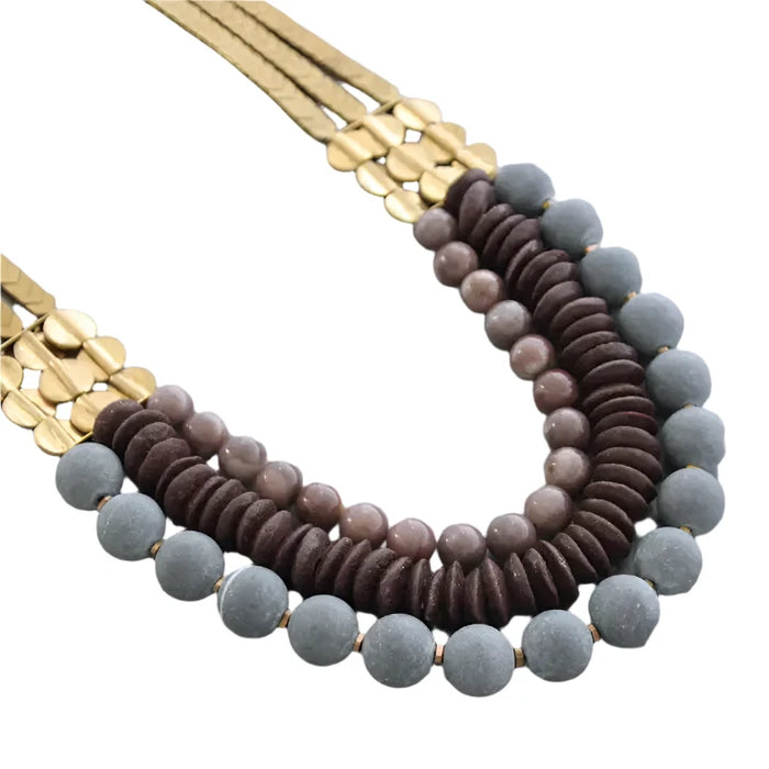 Triple Strand Stone and African Glass Necklace