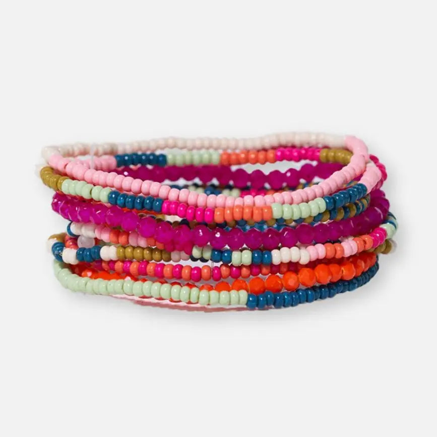 Sage Mixed Stripe Beaded 10 Strand Stretch Bracelets Rainbow
