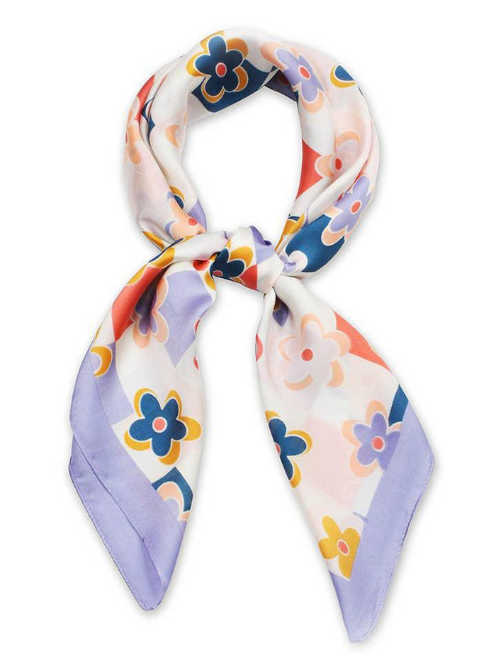 Flower With Checker Print Square Satin Scarf