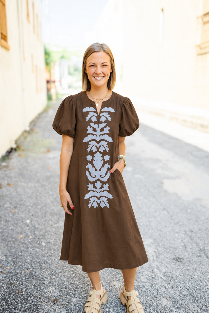 The Marla Dress in Periwinkle/Brown