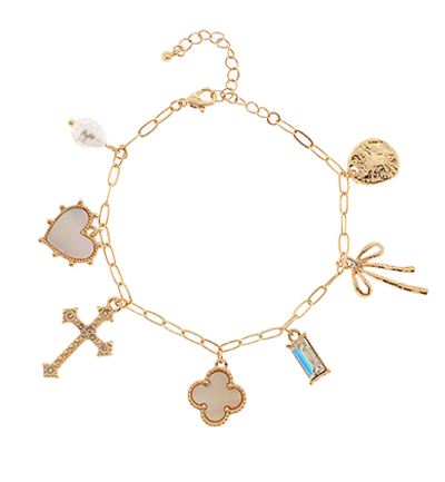 MOP Clover & Bow Multi Charm Bracelet