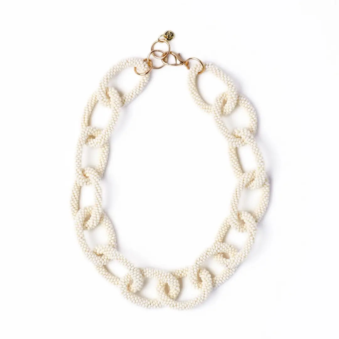 Jenna Chain Link Beaded Necklace Ivory