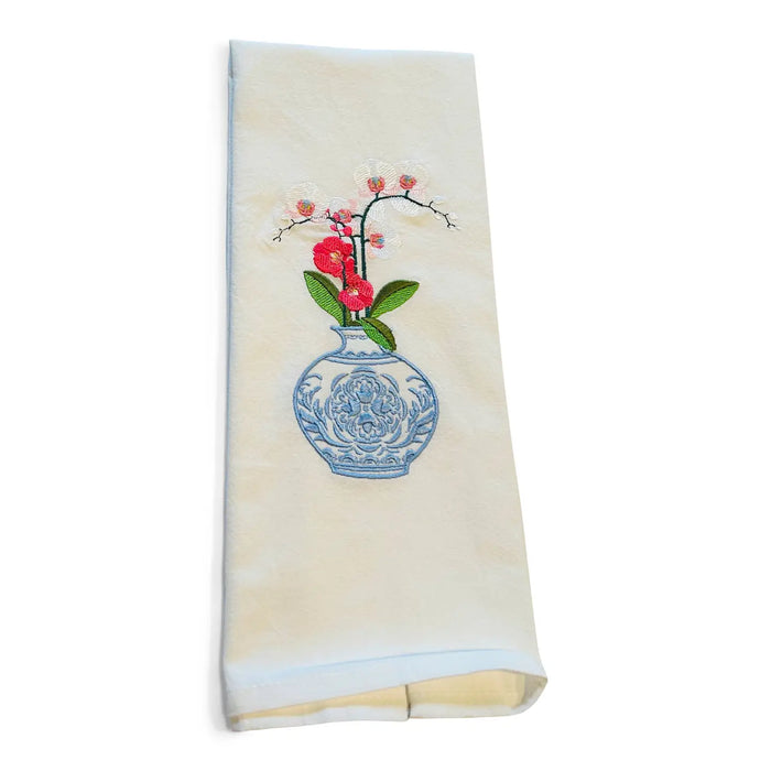 Blue & White Jar w/Orchid Tea Towel
