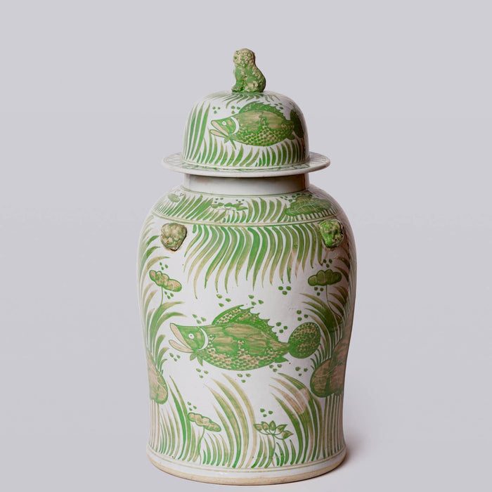 Fish & Lotus Porcelain Temple Jar